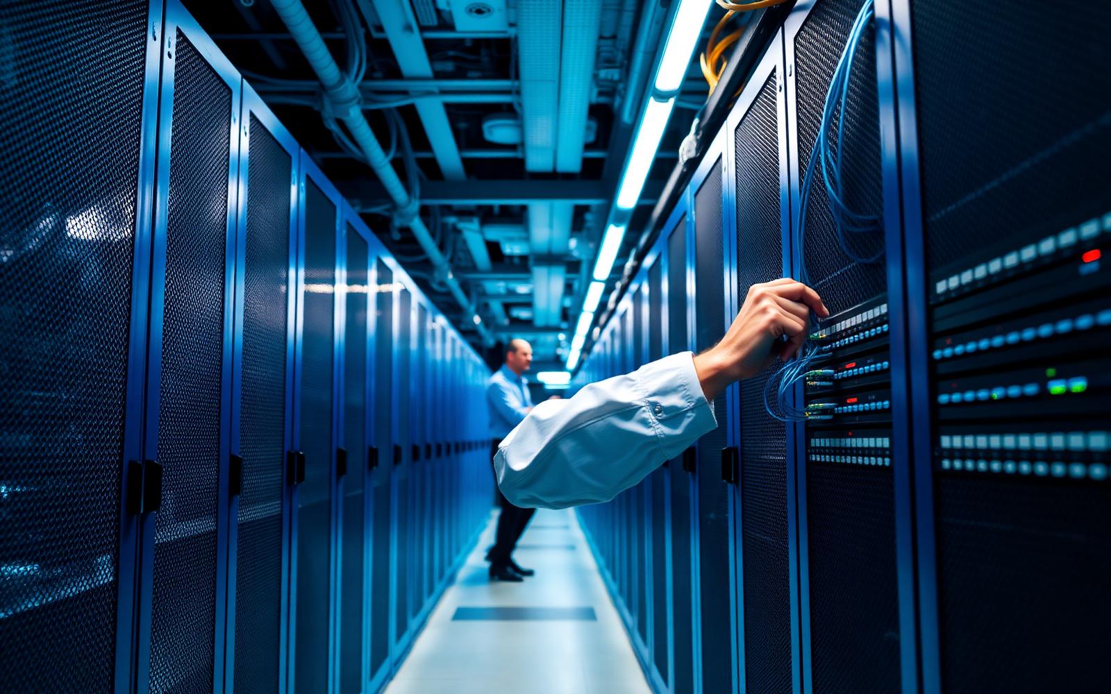 VRD Teleinformatica engineers terminating fiber in a data center