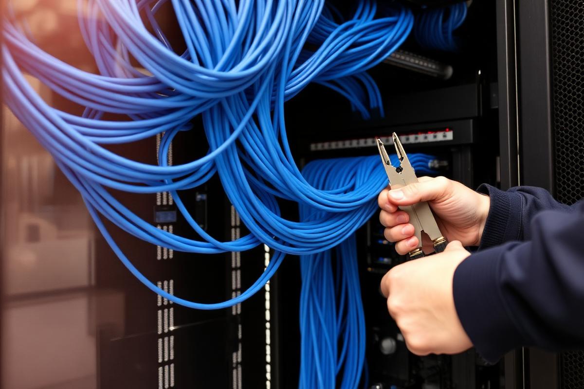 Technician terminating structured cabling in an office rack