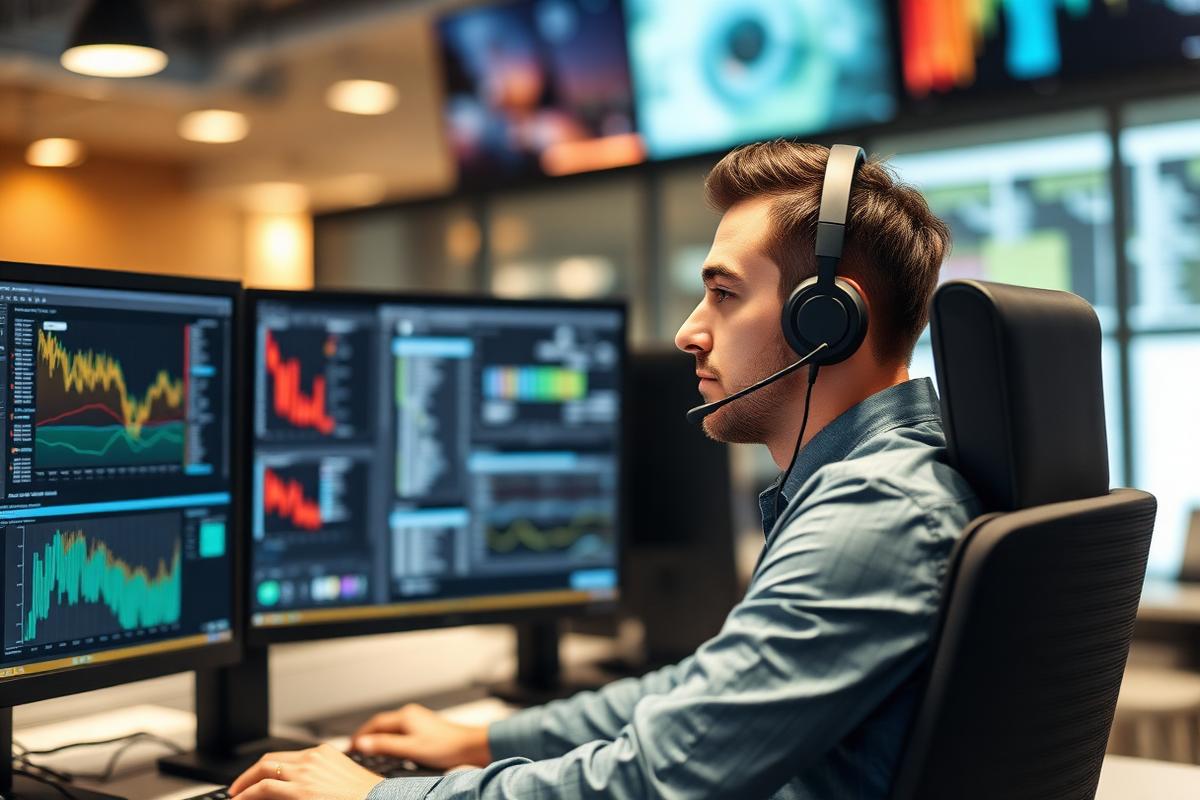 IT support specialist monitoring a network operations dashboard